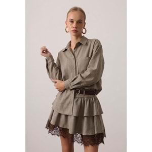 Vizon Volanlı Ve Kemerli Dantel Detaylı Kadın Mini Etek - VİZON - L