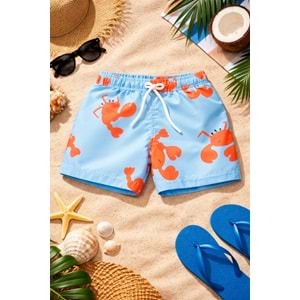 Yeni Sezon Erkek Çocuk Desenli Baskılı Bel Bağcıklı Şort Mayo Fileli Tam / Regular Kalıp - AÇIK MAVİ - 3-4 YAŞ