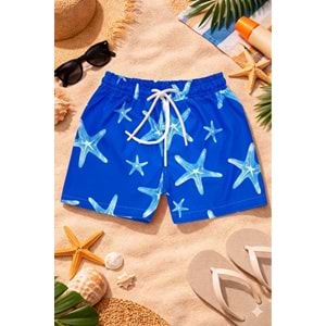 Yeni Sezon Erkek Çocuk Desenli Baskılı Bel Bağcıklı Şort Mayo Fileli Tam / Regular Kalıp - MAVİ - 3-4 YAŞ