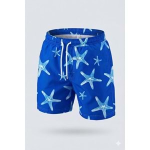 Yeni Sezon Erkek Çocuk Desenli Baskılı Bel Bağcıklı Şort Mayo Fileli Tam / Regular Kalıp - MAVİ - 3-4 YAŞ