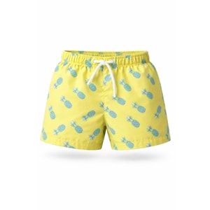 Yeni Sezon Erkek Çocuk Desenli Baskılı Bel Bağcıklı Şort Mayo Fileli Tam / Regular Kalıp - SARI - 3-4 YAŞ
