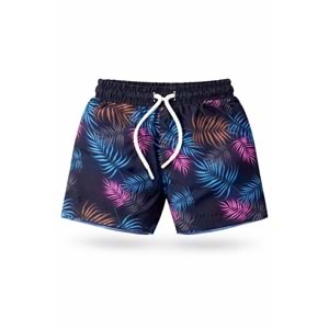 Yeni Sezon Erkek Çocuk Desenli Baskılı Bel Bağcıklı Şort Mayo Fileli Tam / Regular Kalıp - SİYAH - 3-4 YAŞ