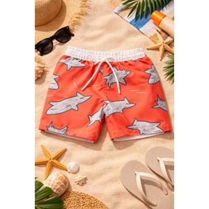 Yeni Sezon Erkek Çocuk Desenli Baskılı Bel Bağcıklı Şort Mayo Fileli Tam / Regular Kalıp - TURUNCU - 3-4 YAŞ