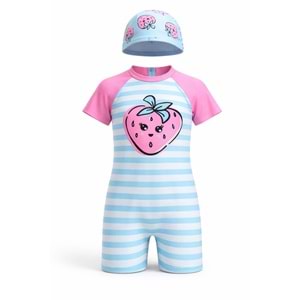 Kız Çocuk Yeni Sezon Mini Çilek Plaj Mayo + Bone Set / Takım - PASTEL PEMBE - 2-3 YAŞ