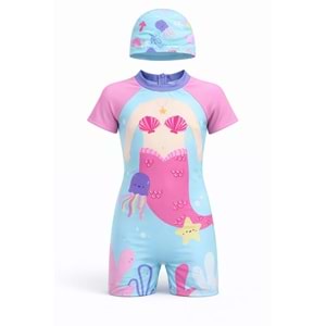 Kız Çocuk Yeni Sezon Deniz Kızı Plaj Mayo + Bone Set / Takım - PEMBE - 2-3 YAŞ