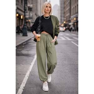 Bohem Rahat Kesim Lastik Paçalı Jogger Pantolon - HAKİ - L