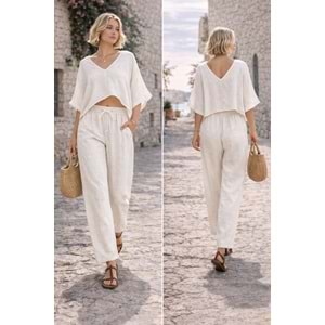 Keten V Yaka Yarasa Kol Crop Bluz Ve Rahat Kalıp Pantolon İkili Takım - KREM - L