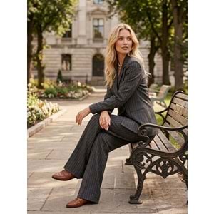 Çizgili Kruvaze Ceket Ve Geniş Paça Pantolon Oversize Takım - ANTRASIT - L