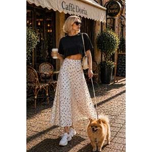 Soft Dot Chic Puantiyeli Midi Boy Etek - BEYAZ - L - ST01116-BEYAZ-L