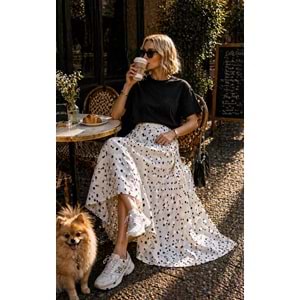 Soft Dot Chic Puantiyeli Midi Boy Etek - BEYAZ - L - ST01116-BEYAZ-L