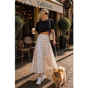 Soft Dot Chic Puantiyeli Midi Boy Etek - BEYAZ - L - ST01116-BEYAZ-L