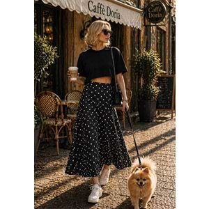 Soft Dot Chic Puantiyeli Midi Boy Etek - SİYAH - L - ST01116-SİYAH-L