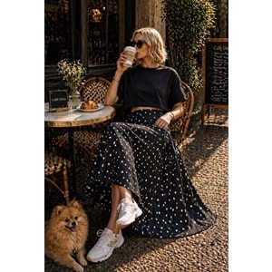 Soft Dot Chic Puantiyeli Midi Boy Etek - SİYAH - L - ST01116-SİYAH-L