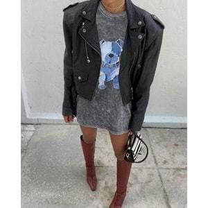 Yeni Sezon Çizim Köpek Baskılı Koyu Gri Yıkamalı T-Shirt