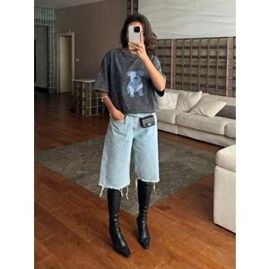 Yeni Sezon Çizim Köpek Baskılı Koyu Gri Yıkamalı T-Shirt