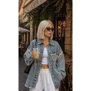 Taş Sarkıt Yıkama Detaylı Denim / Kot Ceket Yeni Sezon