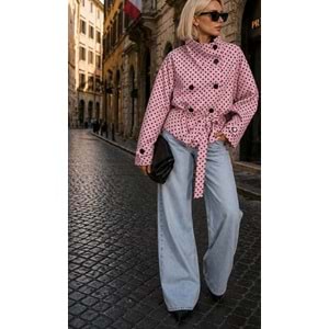 Pembe Puantiyeli Dik Yaka Detaylı Trençkot / Polkachic Belted Ceket - PEMBE - L - ST01126-PEMBE-L