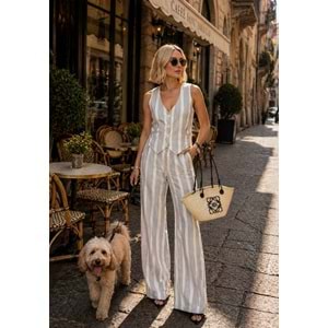 Portofino Cizgili Viskon Keten Yelek Pantolon Alt Üst Takım