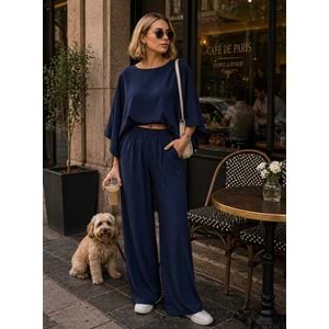 Yeni Sezon Lacivert Renk Akışlı Bohem Alt Üst Takım - LACİVERT - L - ST01138-LACİVERT-L
