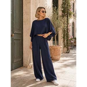 Yeni Sezon Lacivert Renk Akışlı Bohem Alt Üst Takım - LACİVERT - L - ST01138-LACİVERT-L