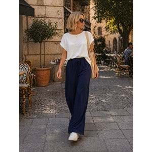 Ipeksi Dokunuş Soft Touch Navy Mavi Geniş Kesim Pantolon - LACİVERT - L - ST01142-LACİVERT-L