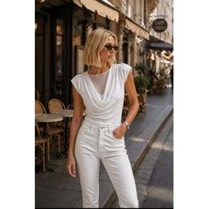 Premium Vatka Omuz Degaje Yaka Tül Katmanlı Bluz - BEYAZ - L - ST01150-BEYAZ-L