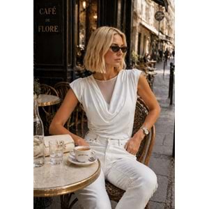 Premium Vatka Omuz Degaje Yaka Tül Katmanlı Bluz - BEYAZ - L - ST01150-BEYAZ-L