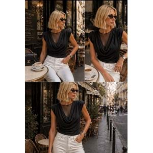 Premium Vatka Omuz Degaje Yaka Tül Katmanlı Bluz - SİYAH - L - ST01150-SİYAH-L