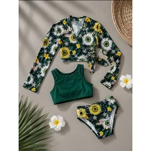 Kız Çocuk Papatya Tropik Desen Pareo Halter Yaka Bikini Takımı 3'lü Set