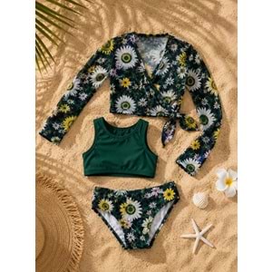 Kız Çocuk Papatya Tropik Desen Pareo Halter Yaka Bikini Takımı 3'lü Set