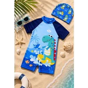 Erkek Çocuk Mini Dino Wawe Surfer Tarz Kısa Kollu Mayo Bone Takımı