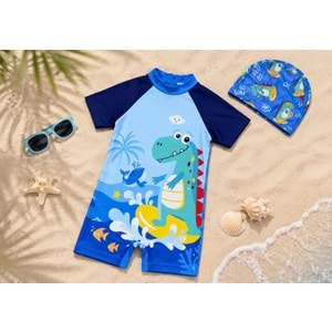 Erkek Çocuk Mini Dino Wawe Surfer Tarz Kısa Kollu Mayo Bone Takımı
