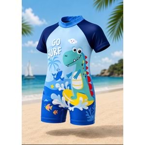 Erkek Çocuk Mini Dino Wawe Surfer Tarz Kısa Kollu Mayo Bone Takımı