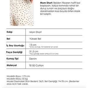 Kadın Puantiye Desen Mom Fit Midi Boy Premium Kumaş Denim Şort