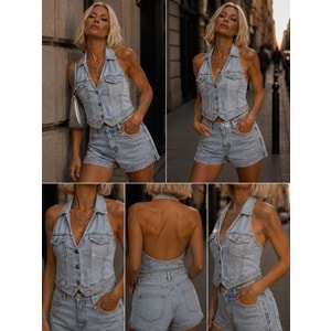 Taş Detaylı Halter Yaka Denim Kot Yelek Sırt Dekolteli