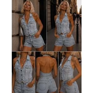 Taş Detaylı Halter Yaka Denim Kot Yelek Sırt Dekolteli