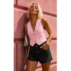 Pink Chic ! Pembe Renk Yıldız Aksesuar Düğme Detaylı Denim Yelek