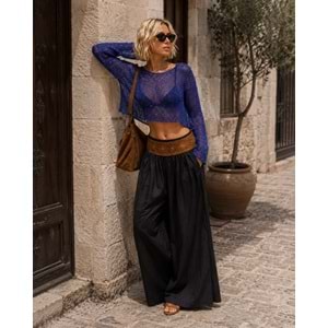 Işıltı Payet Detaylı Ekru - Siyah File Triko Crop Bluz