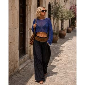 Işıltı Payet Detaylı Ekru - Siyah File Triko Crop Bluz