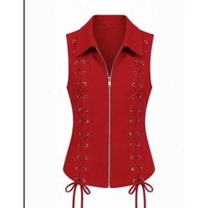 Ibeeka - Scarlet Lace Bağcık Detaylı Fermuar Kapama Kırmızı Yelek