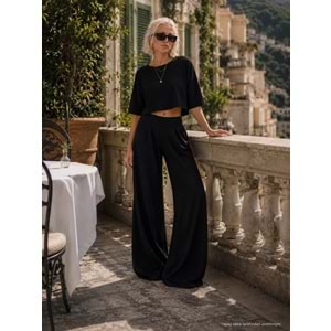 Kadın Siyah Salaş Crop Bluz Palazzo Pantolon Takım Modal Kumaş