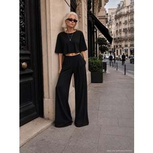 Kadın Siyah Salaş Crop Bluz Palazzo Pantolon Takım Modal Kumaş