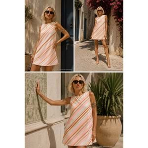 Ibeeka - Retro Çizgili Desen A Kalıp Mini Elbise