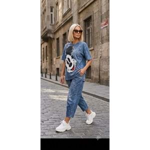 Kadın - Mavi Yıkama Baskılı Oversize Alt Üst Takım