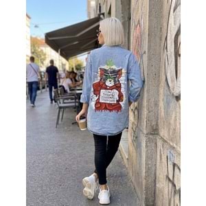 Sırt Karikatür Baskı Detaylı Oversize Kot Gömlek - Ceket