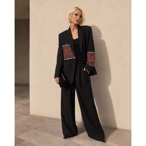Ibeeka - Atelier Etnik Dokulu Siyah Blazer Ceket