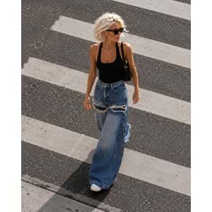 Distressed Detaylı Wide Leg Palazzo Jean Pantolon Yırtık Görünüm