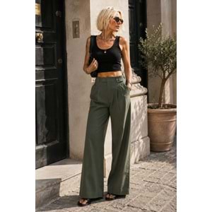 Ibeeka - Paper Touch Wide Leg Haki Renk Tasarım Pantolon