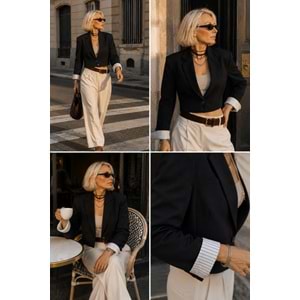 Ibeeka - Krem - Siyah Renk Crop Blazer Ceker - Çizgi Manşet Detay