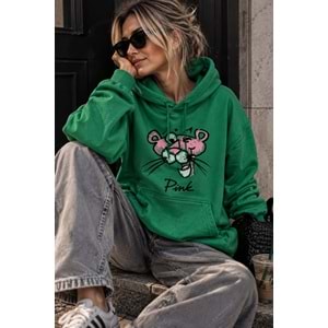Yeşil Renk 2 İplik Baskılı Sweatshirt Kanguru Cep